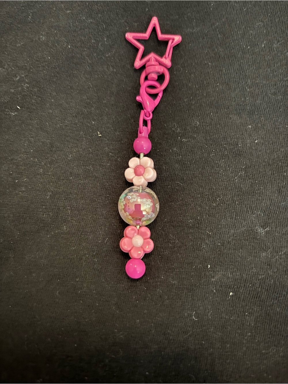 Pink Flower Beaded Star Keychain Charm